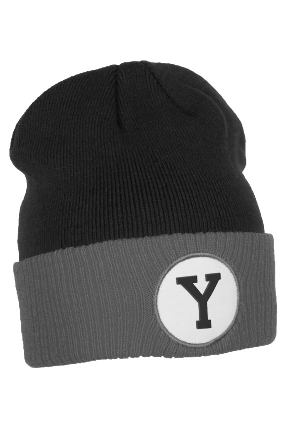 Custom A to Z Initial Letters Cuff Hat Beanie Warm Knit Skull Cap, Black Grey Letter Y