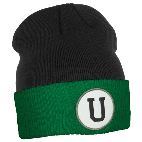 Daxton Custom A to Z Initial Letters Cuff Hat Beanie Warm Knit Skull Cap, Black Kelly Letter U