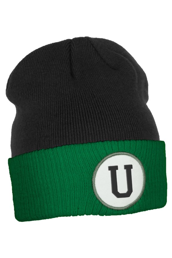 Custom A to Z Initial Letters Cuff Hat Beanie Warm Knit Skull Cap, Black Kelly Letter U