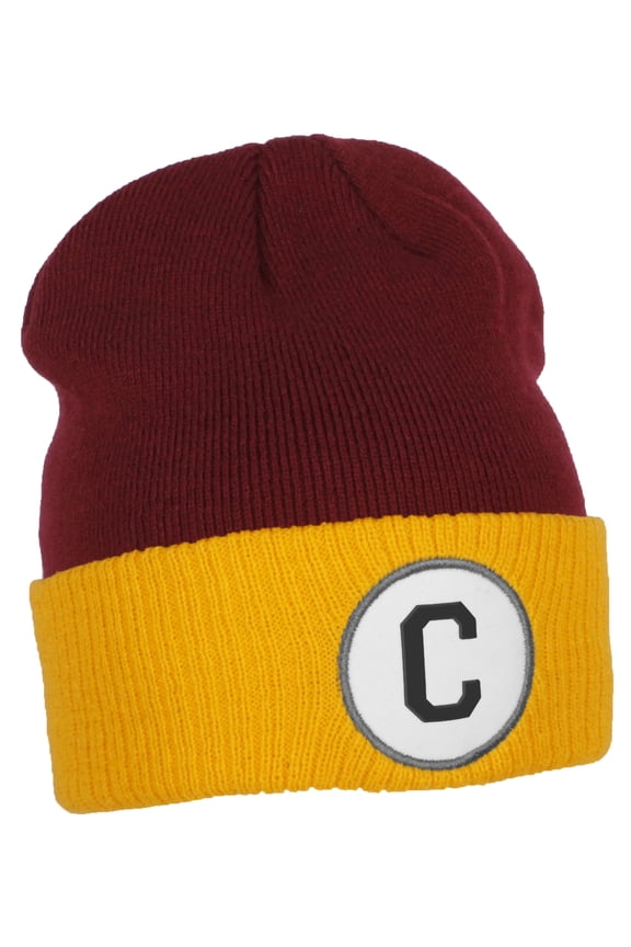 Custom A to Z Initial Letters Cuff Hat Beanie Warm Knit Skull Cap, Burgundy Gold Letter C