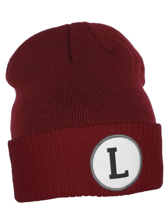 Custom A to Z Initial Letters Cuff Hat Beanie Warm Knit Skull Cap, Burgundy Letter L