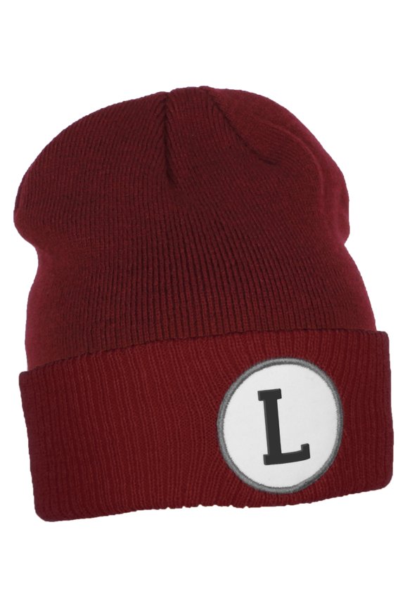 Custom A to Z Initial Letters Cuff Hat Beanie Warm Knit Skull Cap, Burgundy Letter L