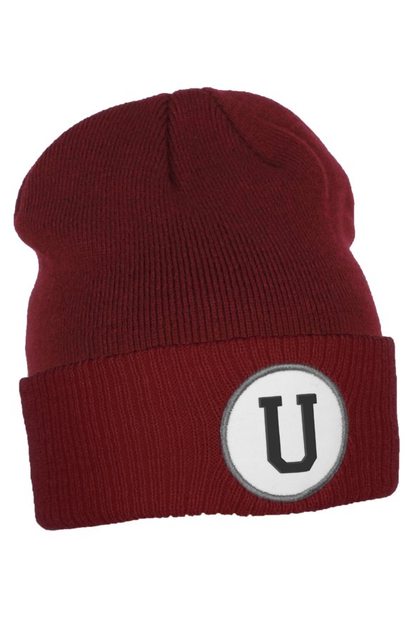 Custom A to Z Initial Letters Cuff Hat Beanie Warm Knit Skull Cap, Burgundy Letter U