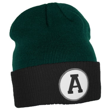 Daxton Custom A to Z Initial Letters Cuff Hat Beanie Warm Knit Skull Cap, DkGreen Black Letter A