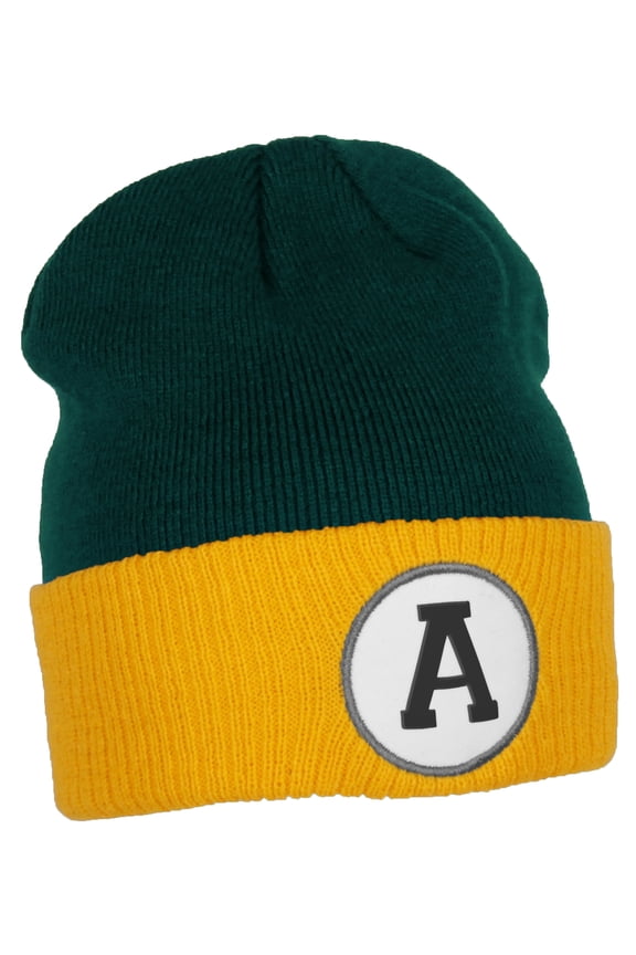 Custom A to Z Initial Letters Cuff Hat Beanie Warm Knit Skull Cap, DkGreen Gold Letter A