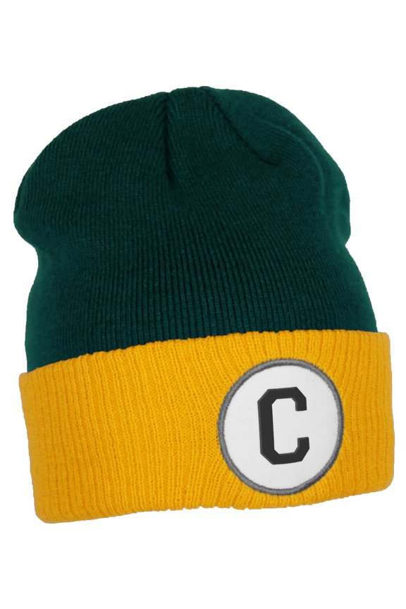 Custom A to Z Initial Letters Cuff Hat Beanie Warm Knit Skull Cap, DkGreen Gold Letter C