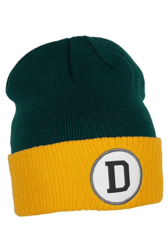 Custom A to Z Initial Letters Cuff Hat Beanie Warm Knit Skull Cap, DkGreen Gold Letter D