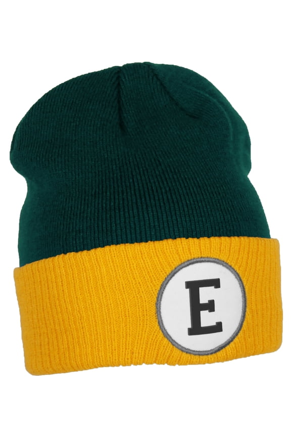 Custom A to Z Initial Letters Cuff Hat Beanie Warm Knit Skull Cap, DkGreen Gold Letter E