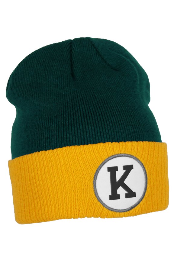 Custom A to Z Initial Letters Cuff Hat Beanie Warm Knit Skull Cap, DkGreen Gold Letter K