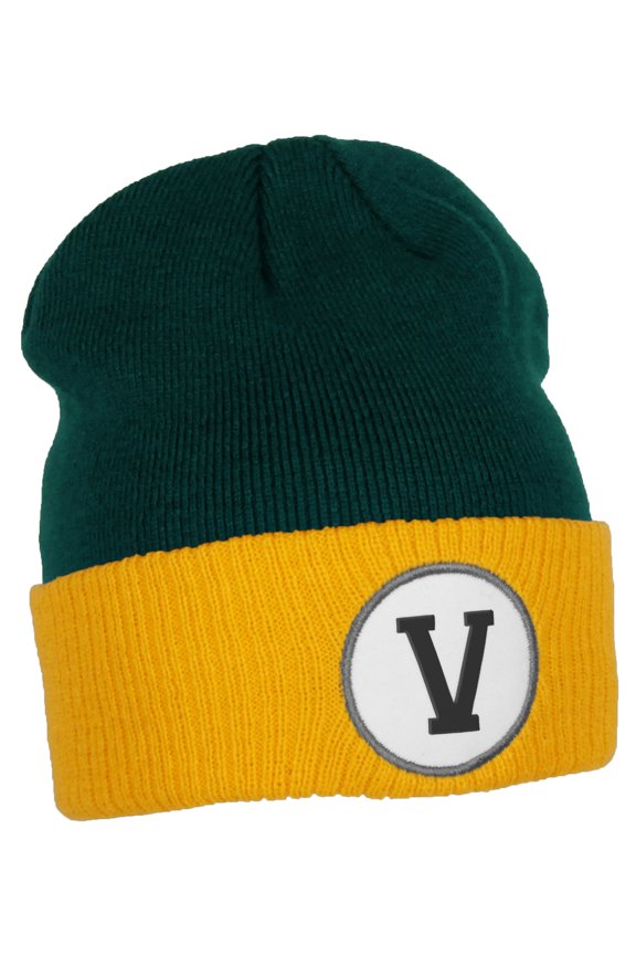 Custom A to Z Initial Letters Cuff Hat Beanie Warm Knit Skull Cap, DkGreen Gold Letter V