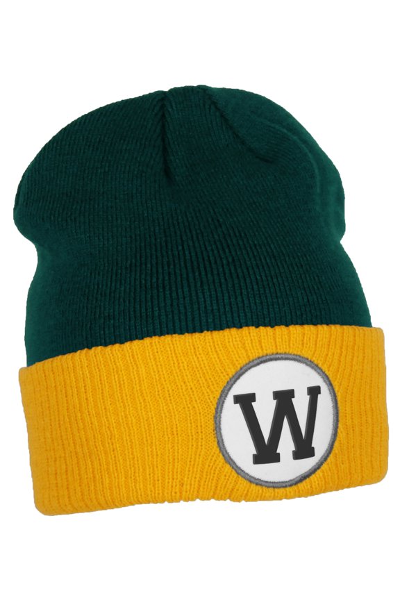 Custom A to Z Initial Letters Cuff Hat Beanie Warm Knit Skull Cap, DkGreen Gold Letter W