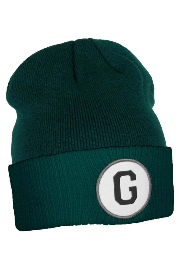 Custom A to Z Initial Letters Cuff Hat Beanie Warm Knit Skull Cap, DkGreen Letter G