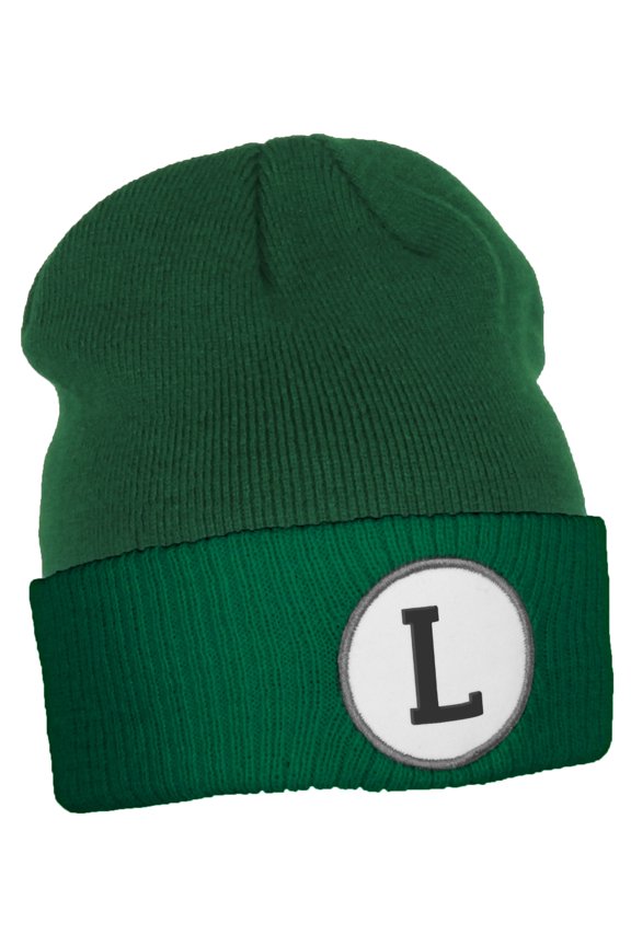 Custom A to Z Initial Letters Cuff Hat Beanie Warm Knit Skull Cap, Kelly Green Letter L
