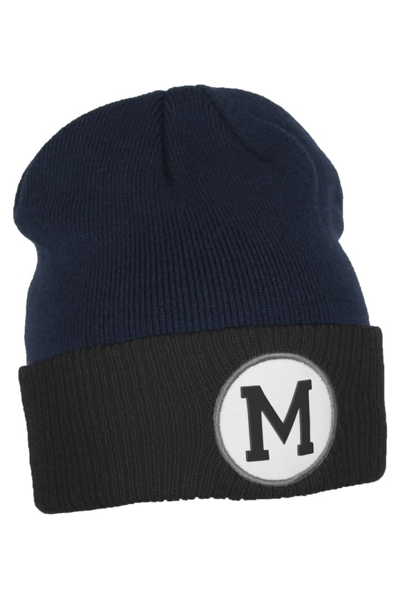 Custom A to Z Initial Letters Cuff Hat Beanie Warm Knit Skull Cap, Navy Black Letter M