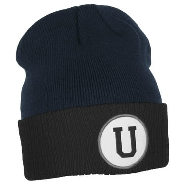 Daxton Custom A to Z Initial Letters Cuff Hat Beanie Warm Knit Skull Cap, Navy Black Letter U