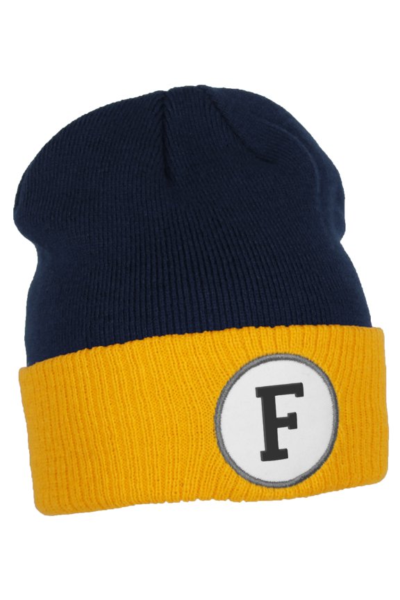 Custom A to Z Initial Letters Cuff Hat Beanie Warm Knit Skull Cap, Navy Gold Letter F