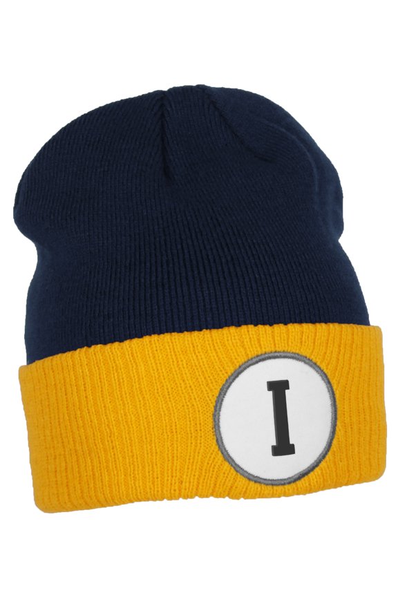 Custom A to Z Initial Letters Cuff Hat Beanie Warm Knit Skull Cap, Navy Gold Letter I