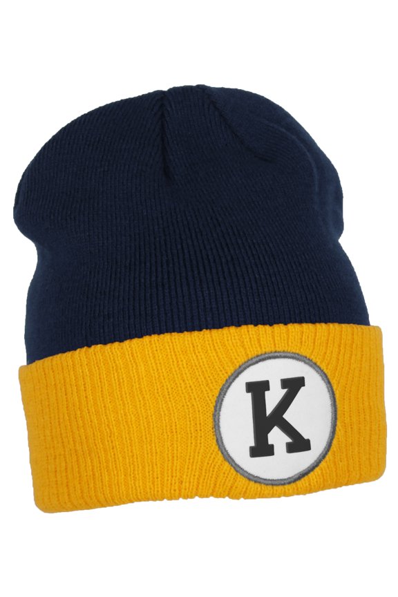 Custom A to Z Initial Letters Cuff Hat Beanie Warm Knit Skull Cap, Navy Gold Letter K