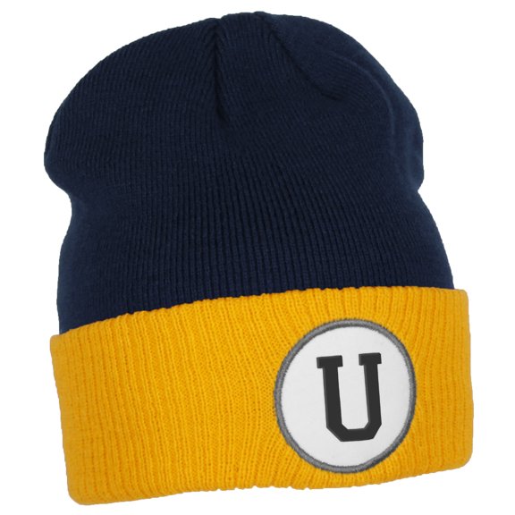 Daxton Custom A to Z Initial Letters Cuff Hat Beanie Warm Knit Skull Cap, Navy Gold Letter U