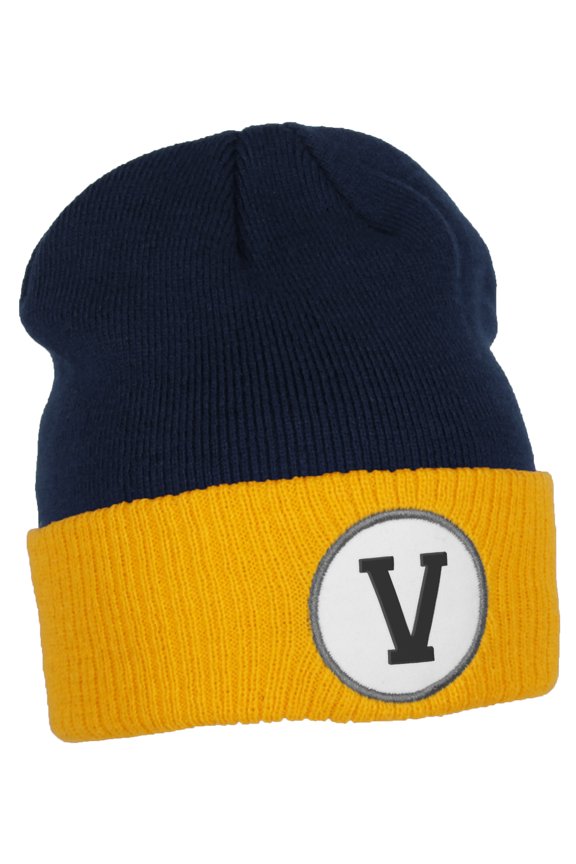 Custom A to Z Initial Letters Cuff Hat Beanie Warm Knit Skull Cap, Navy Gold Letter V