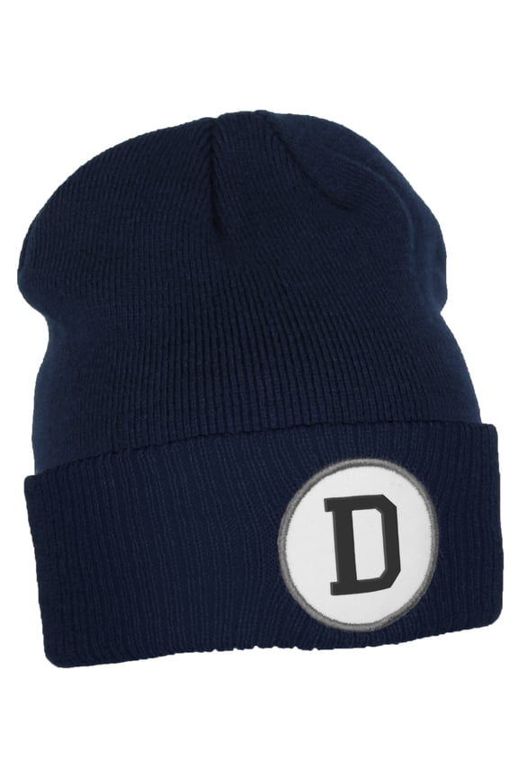 Custom A to Z Initial Letters Cuff Hat Beanie Warm Knit Skull Cap, Navy Letter D