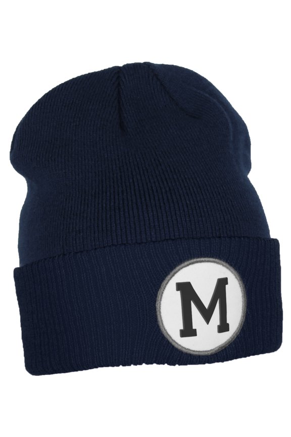 Custom A to Z Initial Letters Cuff Hat Beanie Warm Knit Skull Cap, Navy Letter M
