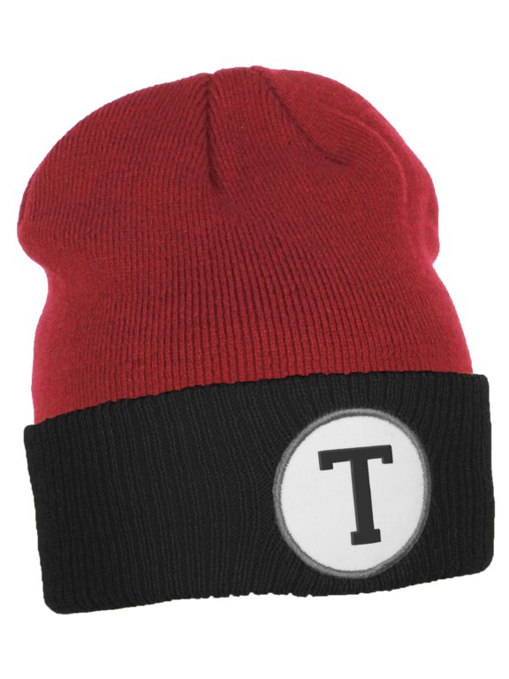 Custom A to Z Initial Letters Cuff Hat Beanie Warm Knit Skull Cap, Red Black Letter T