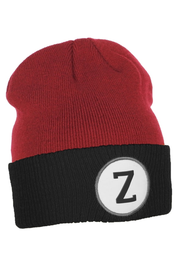Custom A to Z Initial Letters Cuff Hat Beanie Warm Knit Skull Cap, Red Black Letter Z