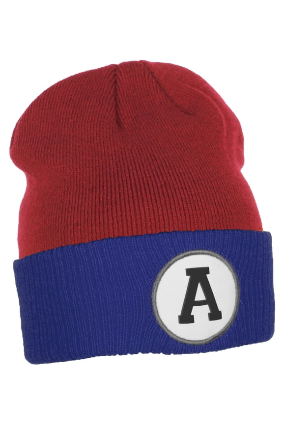 Custom A to Z Initial Letters Cuff Hat Beanie Warm Knit Skull Cap, Red Royal Letter A