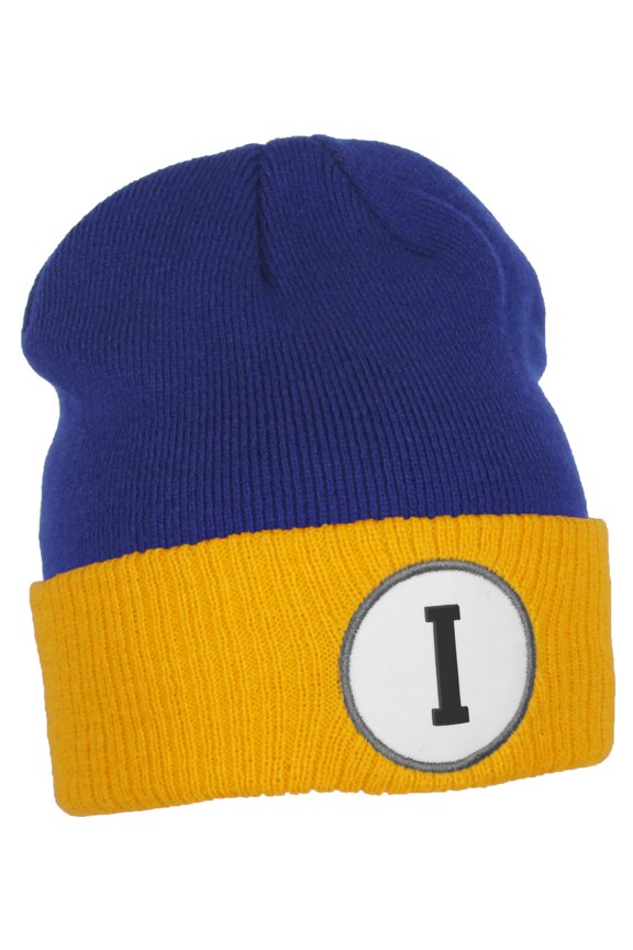 Custom A to Z Initial Letters Cuff Hat Beanie Warm Knit Skull Cap, Royal Gold Letter I