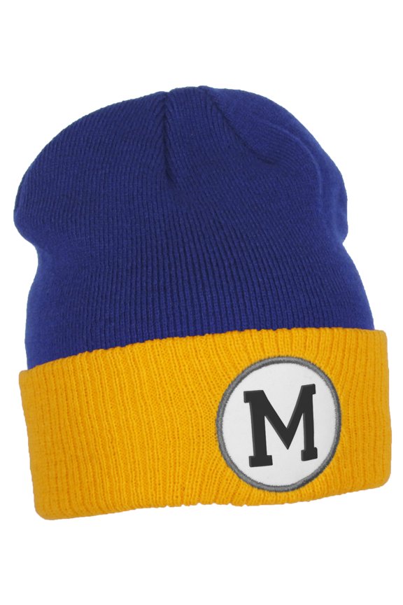 Custom A to Z Initial Letters Cuff Hat Beanie Warm Knit Skull Cap, Royal Gold Letter M