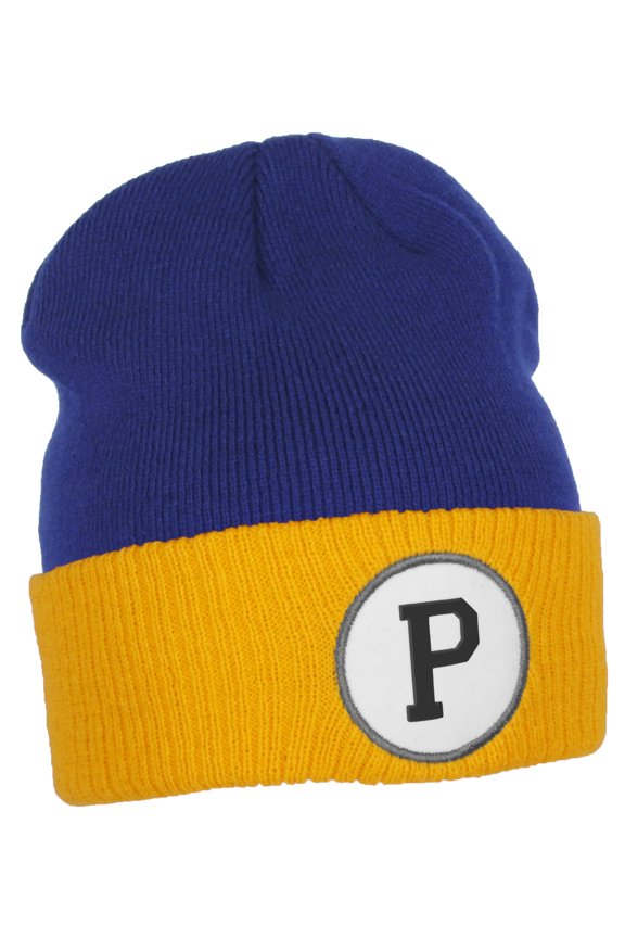 Custom A to Z Initial Letters Cuff Hat Beanie Warm Knit Skull Cap, Royal Gold Letter P