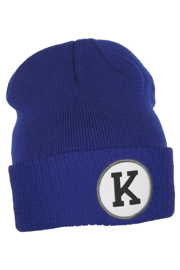 Custom A to Z Initial Letters Cuff Hat Beanie Warm Knit Skull Cap, Royal Letter K