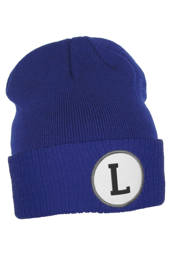 Custom A to Z Initial Letters Cuff Hat Beanie Warm Knit Skull Cap, Royal Letter L