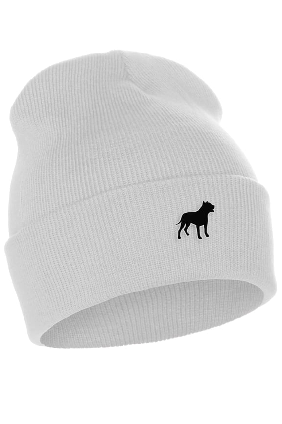 Dog Breeds Cuffed Beanie Winter Knit Hat Skully Cap, Pitbull, White Beanie