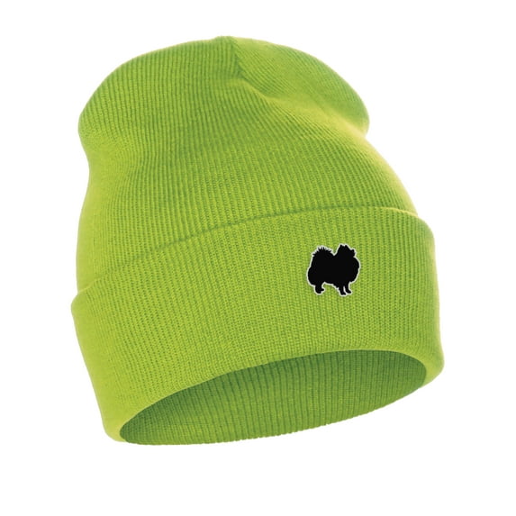 Daxton Dog Breeds Cuffed Beanie Winter Knit Hat Skully Cap, Pomeranian, Neon Green Beanie