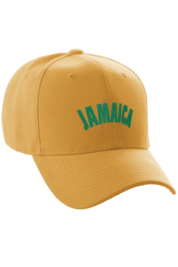 International World Countries Baseball Hat Cap Arch Letters, Jamaica Gold Kelly