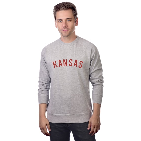 Daxton Kansas Sweatshirt Athletic Fit Pullover Crewneck French Terry Fabric, Hth Grey Sweatshirt Red Letters, L