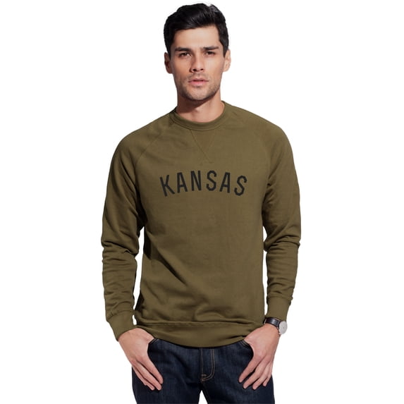 Daxton Kansas Sweatshirt Athletic Fit Pullover Crewneck French Terry Fabric, Olive Sweatshirt Black Letters, XS