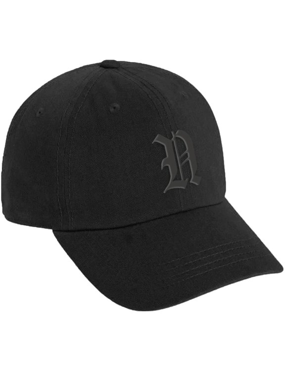 Low Profile Adjustable Baseball Dad Hat Old English Font, Black Hat Black N