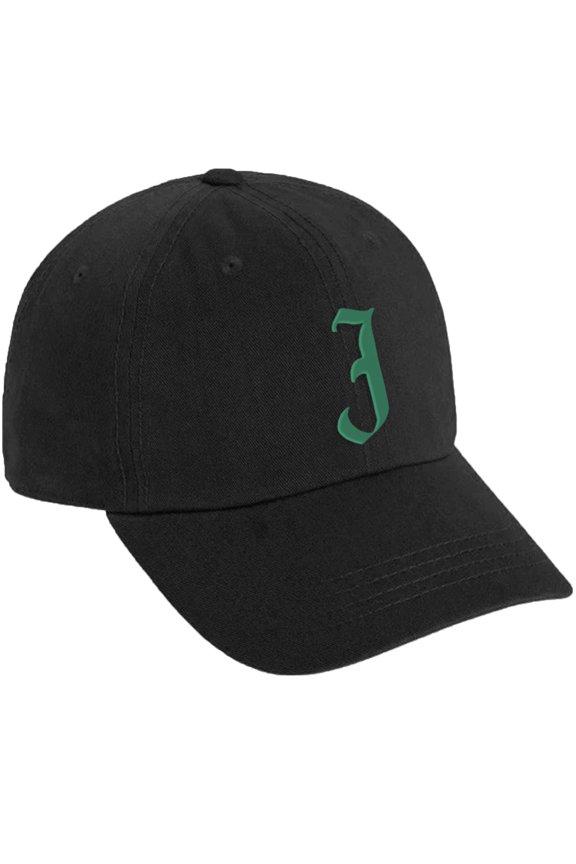 Low Profile Adjustable Baseball Dad Hat Cap Old English Font Alphabet A to Z, Black Hat Green J