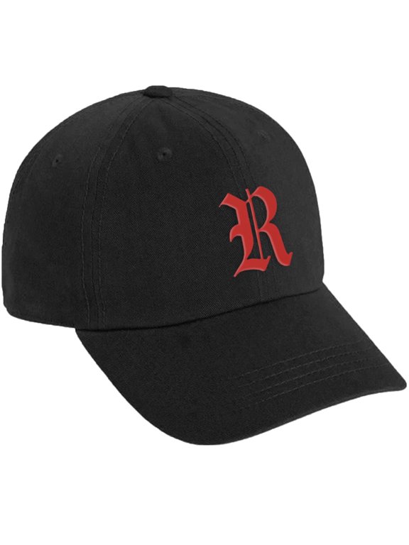 Low Profile Adjustable Baseball Dad Hat Cap Old English Font, Black Hat Red R
