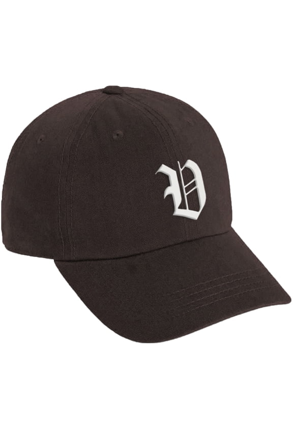 Low Profile Adjustable Baseball Dad Hat Cap Old English Font Alphabet A to Z, Brown Hat White V