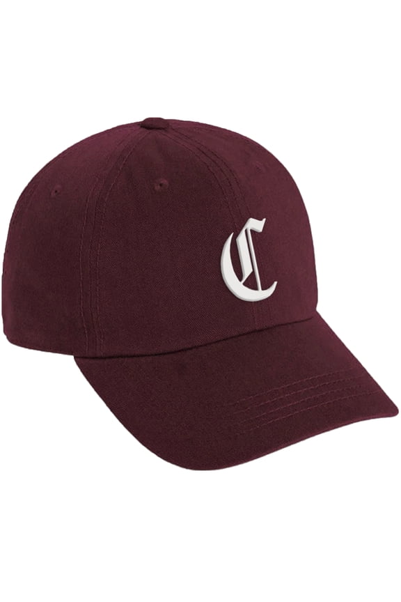 Low Profile Adjustable Baseball Dad Hat Cap Old English Font Alphabet A to Z, Burgundy Hat White C