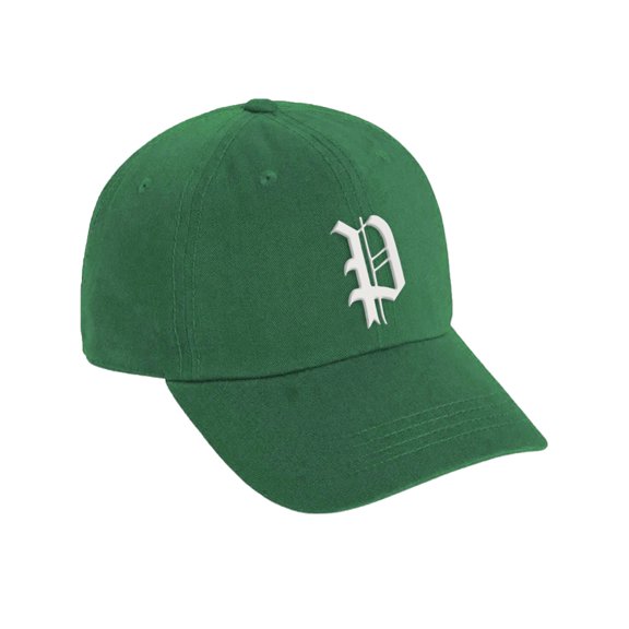 Daxton Low Profile Adjustable Baseball Dad Hat Cap Old English Font Alphabet A to Z, Kelly Green Hat White P