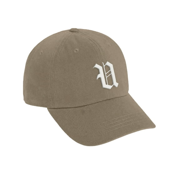 Daxton Low Profile Adjustable Baseball Dad Hat Cap Old English Font Alphabet A to Z, Khaki Hat White U