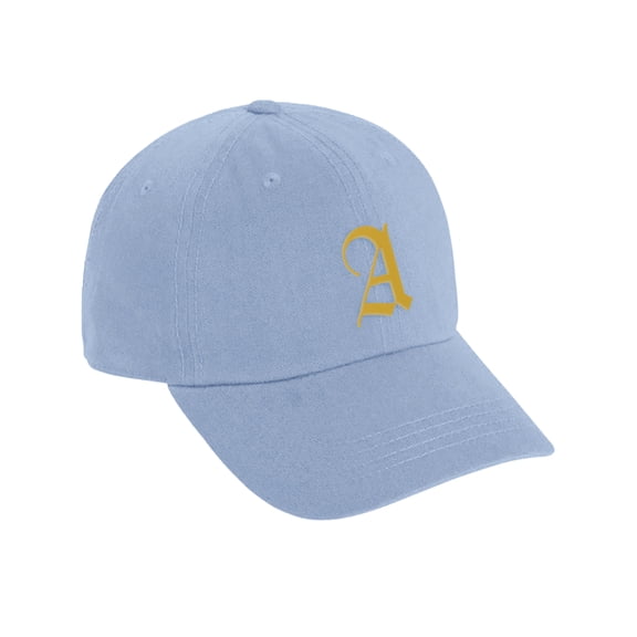 Daxton Low Profile Adjustable Baseball Dad Hat Cap Old English Font Alphabet A to Z, Light Blue Hat Gold A