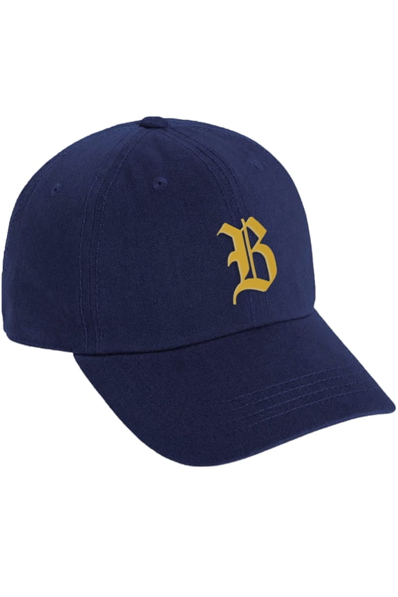 Low Profile Adjustable Baseball Dad Hat Cap Old English Font Alphabet A to Z, Navy Hat Gold B