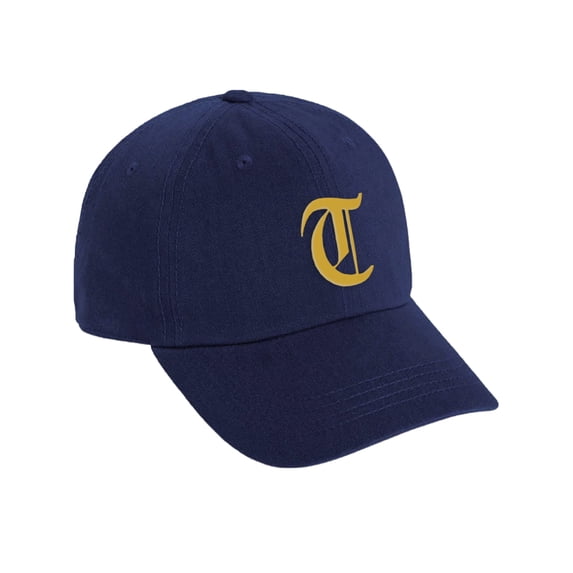 Daxton Low Profile Adjustable Baseball Dad Hat Cap Old English Font, Navy Hat Gold T