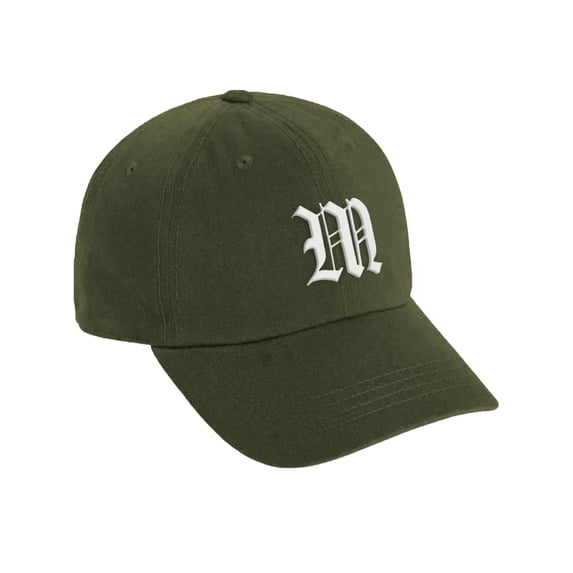 Daxton Low Profile Adjustable Baseball Dad Hat Cap Old English Font Alphabet A to Z, Olive Hat White M